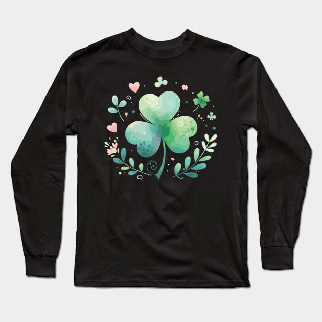 Lucky Shamrock Watercolor Long Sleeve T-Shirt by Heartsake